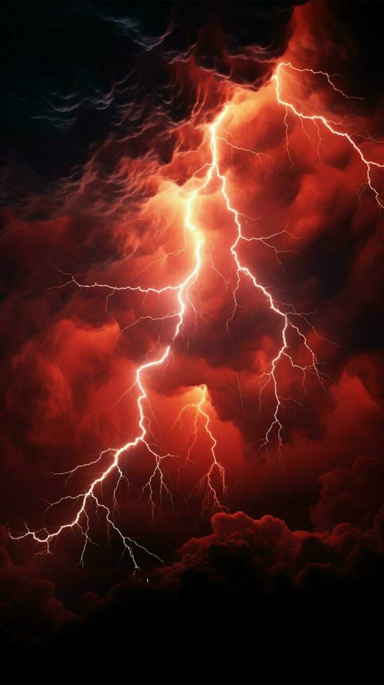buio rosso tempestoso cielo scoppiettante con elettrizzante apocalittico fulmine verticale mobile sfondo ai generato foto