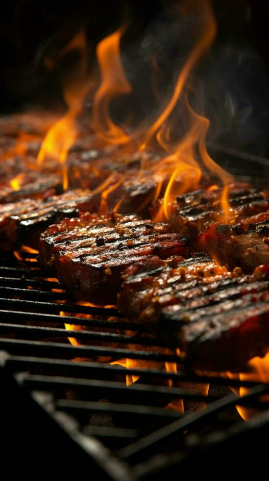 fiamme di gusto, un' ardente barbecue griglia in attesa il sfrigolare e scottare verticale mobile sfondo ai generato foto