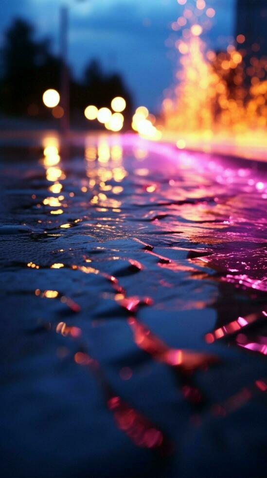 scintillante asfalto riflettendo neon luci, proiettore, e astratto fumoso splendore verticale mobile sfondo ai generato foto