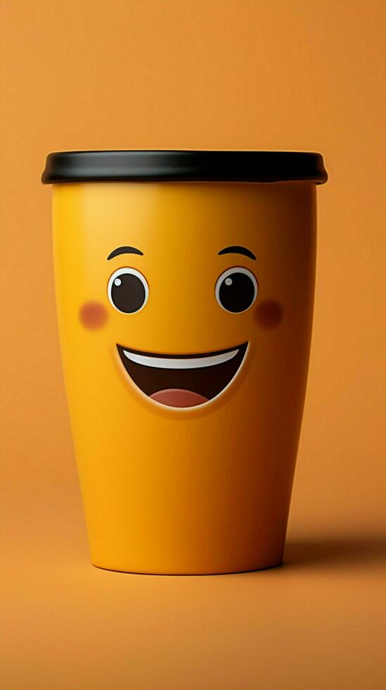 adorabile caffè tazza personaggio su giallo sfondo, sportivo un' sorriso copia amichevole atmosfera verticale mobile sfondo ai generato foto