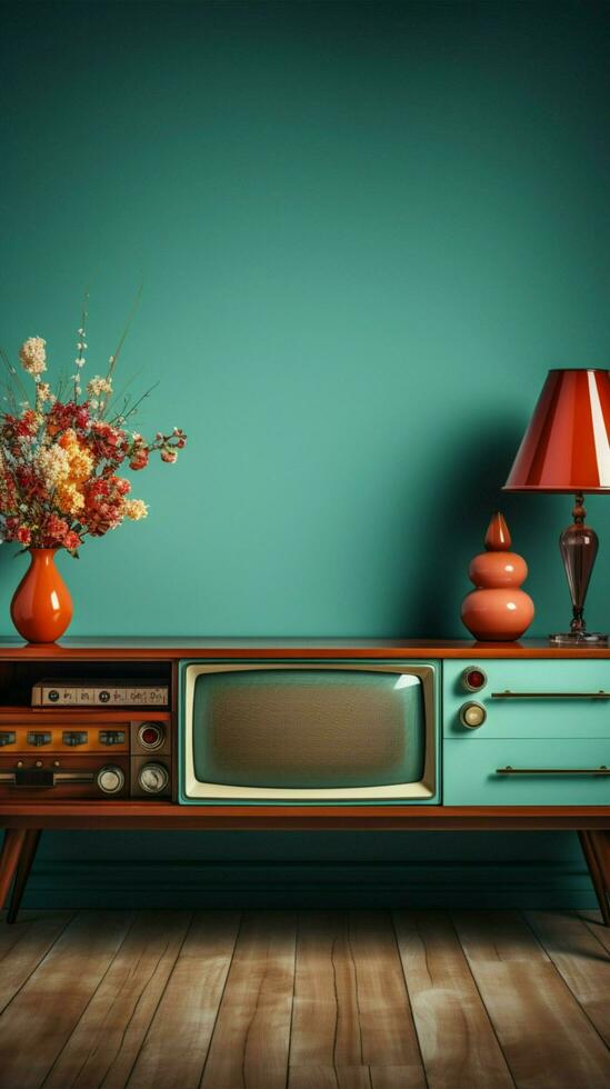 antico elegante, Vintage ▾ tv sta su legna tavolo, menta blu fondale evoca nostalgia verticale mobile sfondo ai generato foto