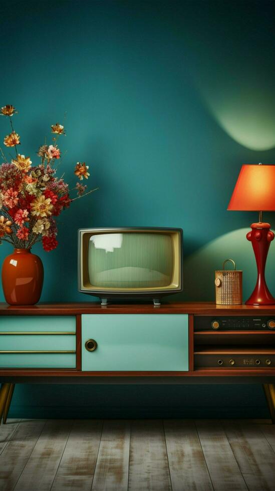 antico elegante, Vintage ▾ tv sta su legna tavolo, menta blu fondale evoca nostalgia verticale mobile sfondo ai generato foto