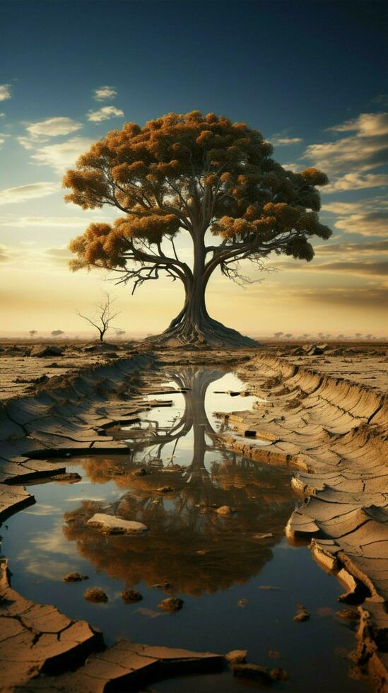 emblematico albero prospera su riarso suolo, mirroring acqua scarsità in mezzo clima modificare verticale mobile sfondo ai generato foto