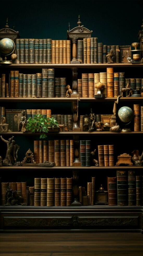 miriade vecchio libri riposo su scaffali, evocazione intellettuale ricchezza entro il biblioteca verticale mobile sfondo ai generato foto