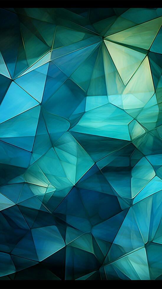 geometrico intrighi astratto triangoli fusione in profondità blu, verde, bianca, e vivace ciano verticale mobile sfondo ai generato foto
