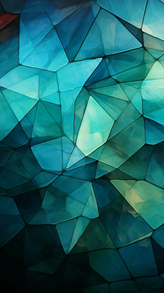 geometrico intrighi astratto triangoli fusione in profondità blu, verde, bianca, e vivace ciano verticale mobile sfondo ai generato foto