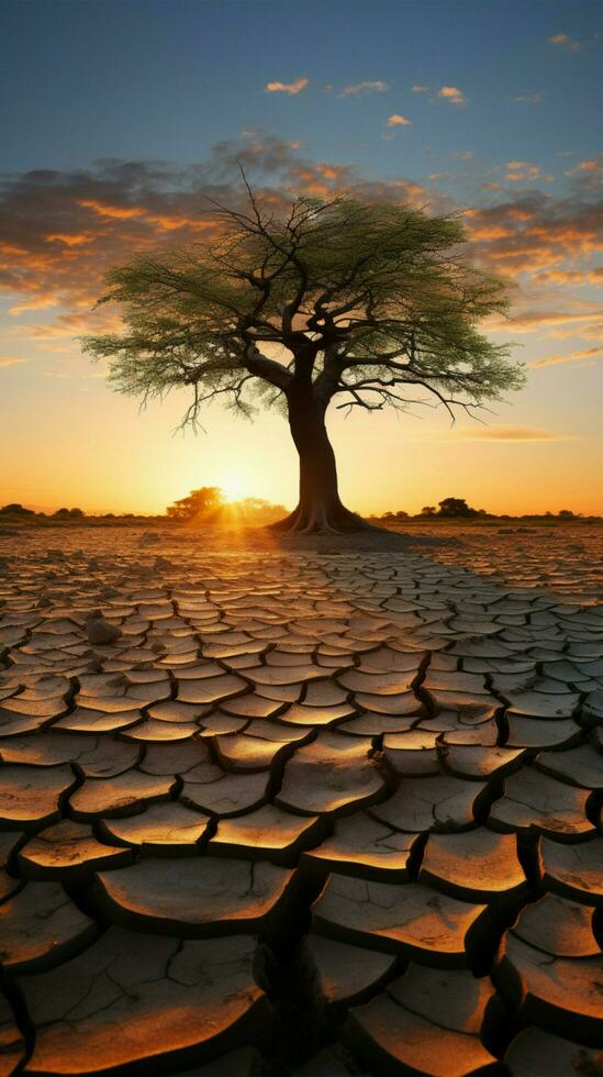 iconico albero su Cracked suolo incarna clima crisi, globale riscaldamento indotto acqua scarsità verticale mobile sfondo ai generato foto