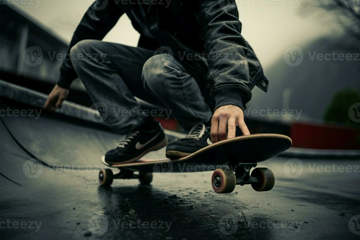 skateboarder sta su un' in scala di grigi ponte, cattura urbano pattinando estetica ai generato foto