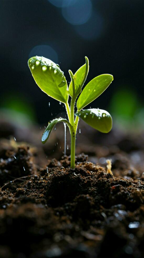 avvicinamento, suolo abbraccia giovane pianta, nature promettere di crescita e vitalità verticale mobile sfondo ai generato foto