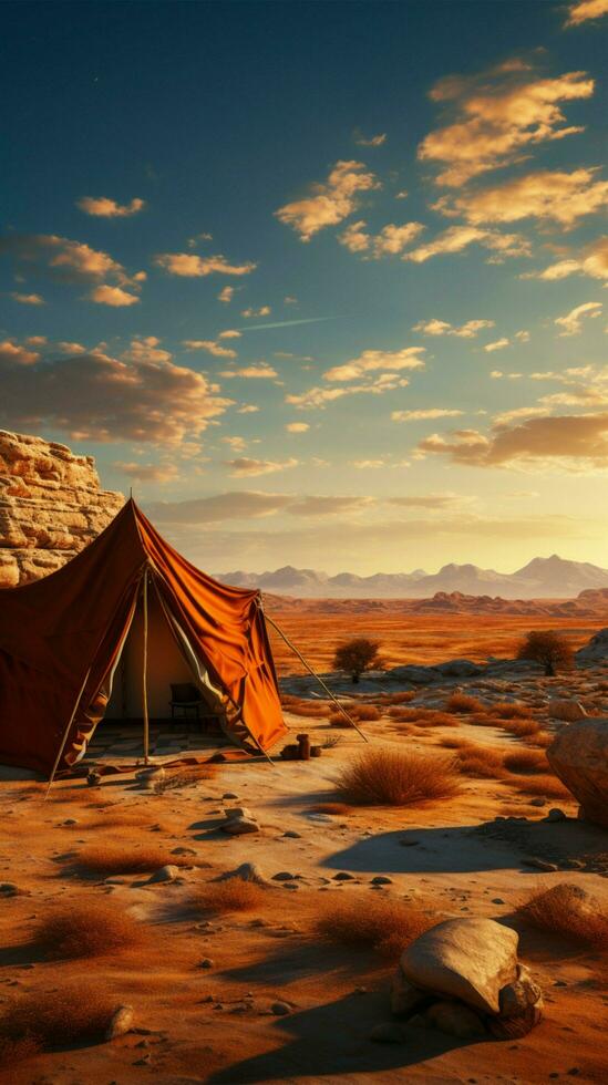 solitario deserto ritiro campeggio nel arido vuoto, un' a distanza fuga a partire dal società verticale mobile sfondo ai generato foto