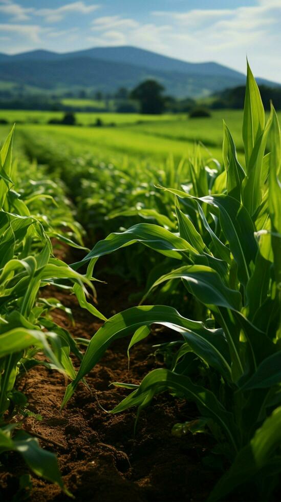 privato aziende agricole Mais righe, vivace verde germogli coperta il fertile campo verticale mobile sfondo ai generato foto