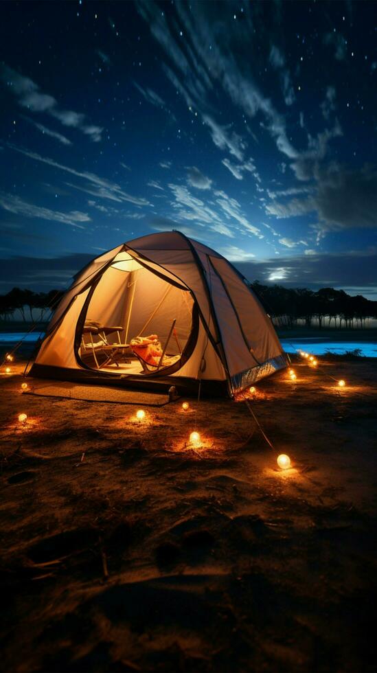 serenata di stelle tenda impostato su sotto il notte cielo, Abbracciare una persona la tranquillità verticale mobile sfondo ai generato foto
