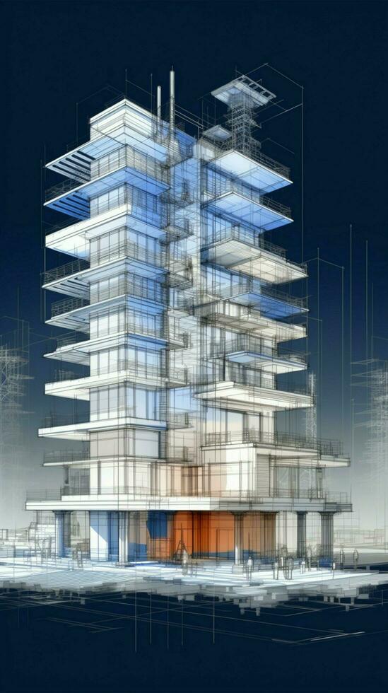 strutturale eleganza 3d wireframe costruzione schizzo, edificio planimetria, vettore illustrazione verticale mobile sfondo ai generato foto
