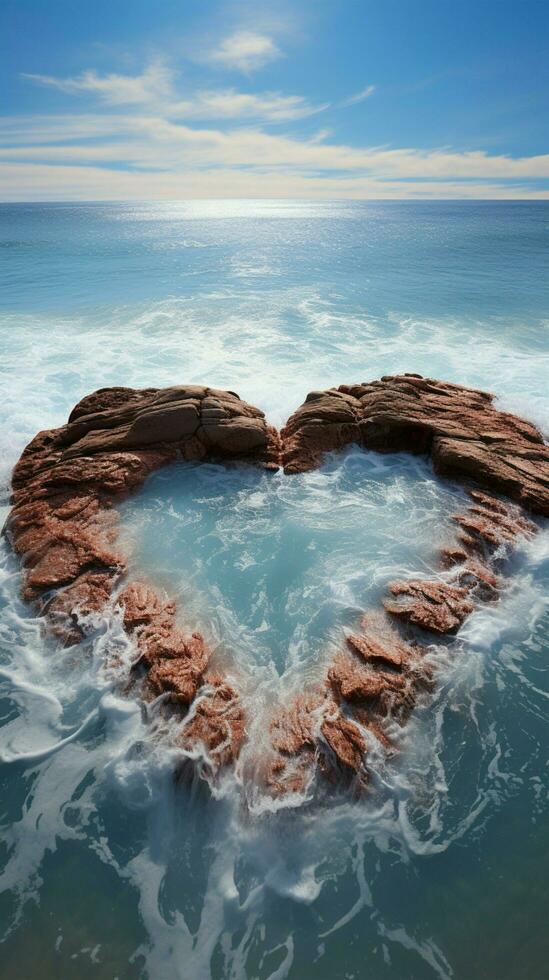 onda baciato amore cuore forma su sabbioso spiaggia, incorniciato di rotolamento oceano onde verticale mobile sfondo ai generato foto