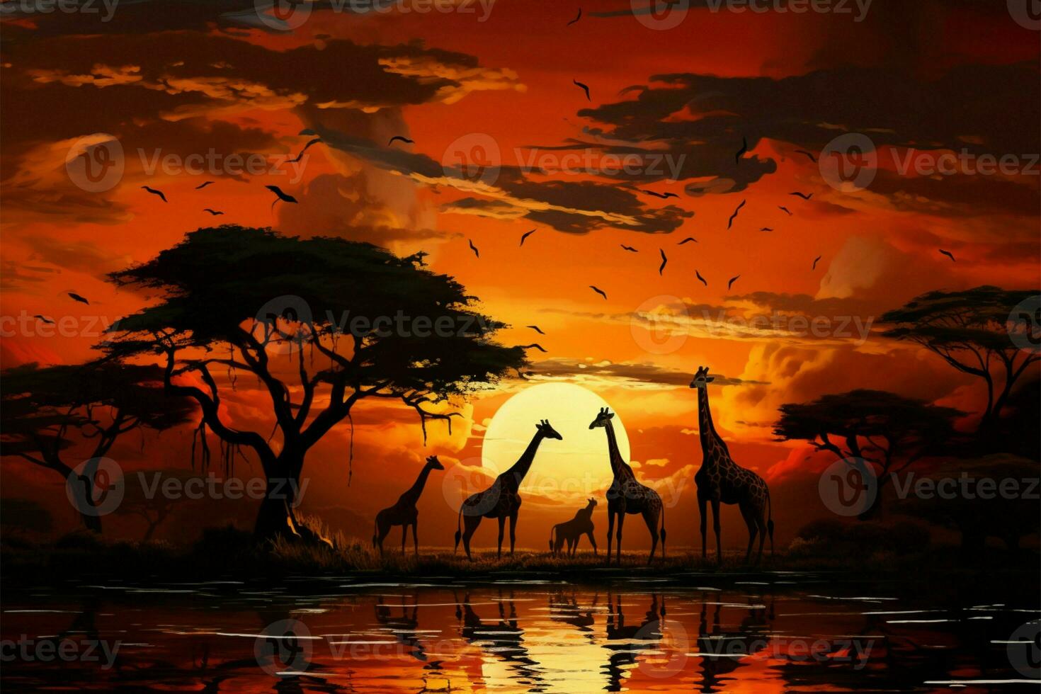 tramonto serenità un' mandria di giraffe nel un' tranquillo trasformazione ai generato foto