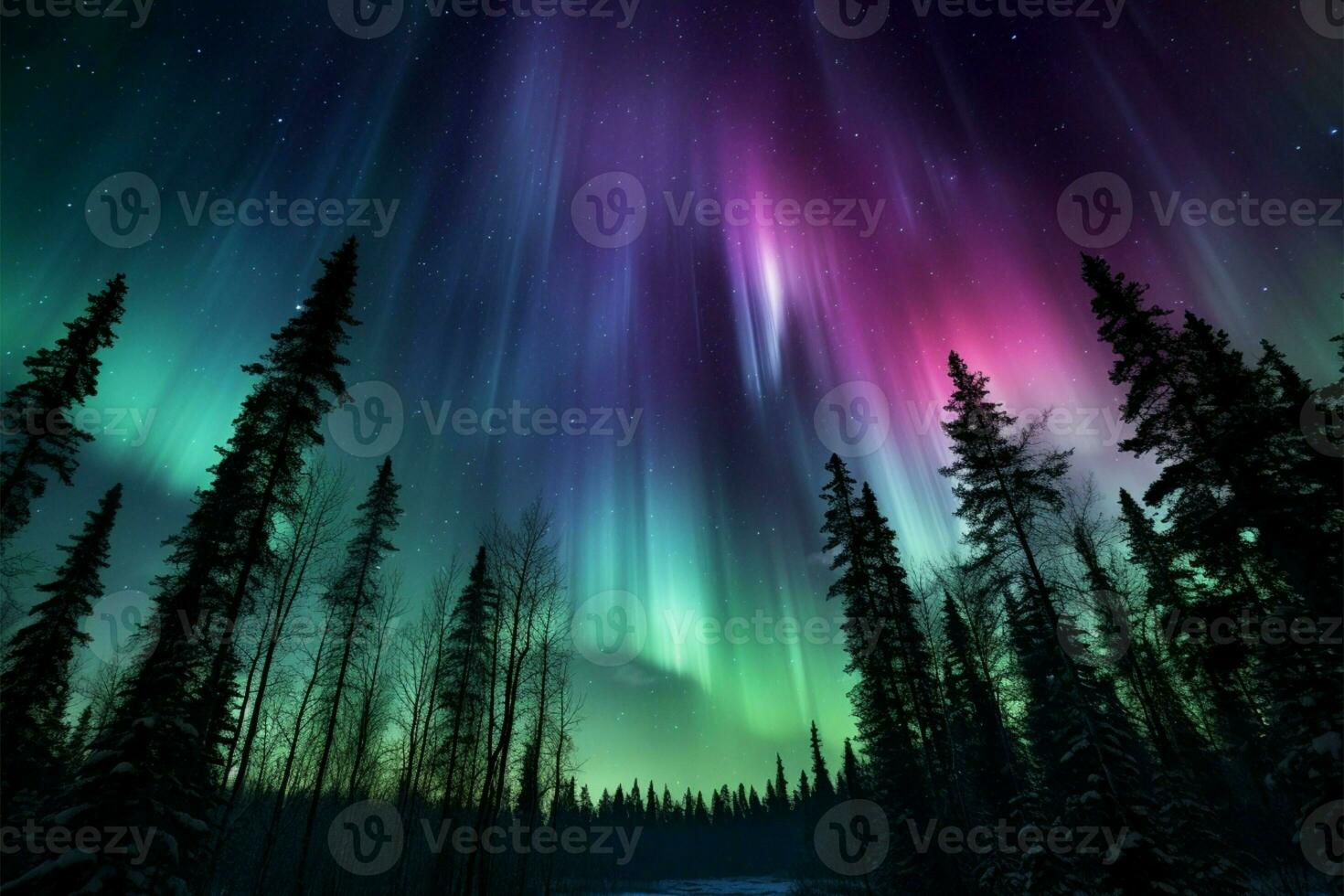 trasformato notte cielo viola e verde aurora balli al di sopra di il alberi ai generato foto