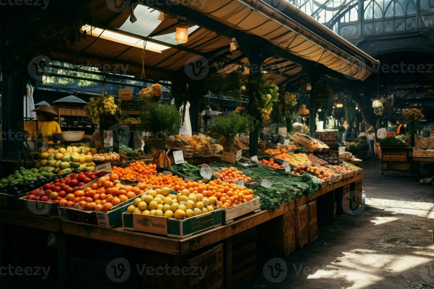 coperto mercato vanta Locale frutta e verdure sotto suo tetto ai generato foto