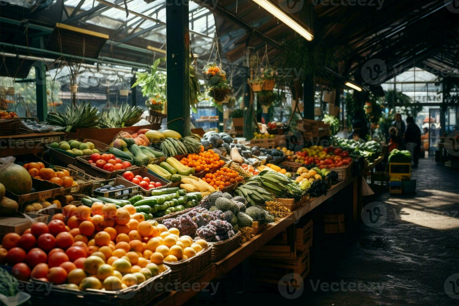 frutta e verdure mercato prospera sotto un' protettivo tetto baldacchino ai generato foto