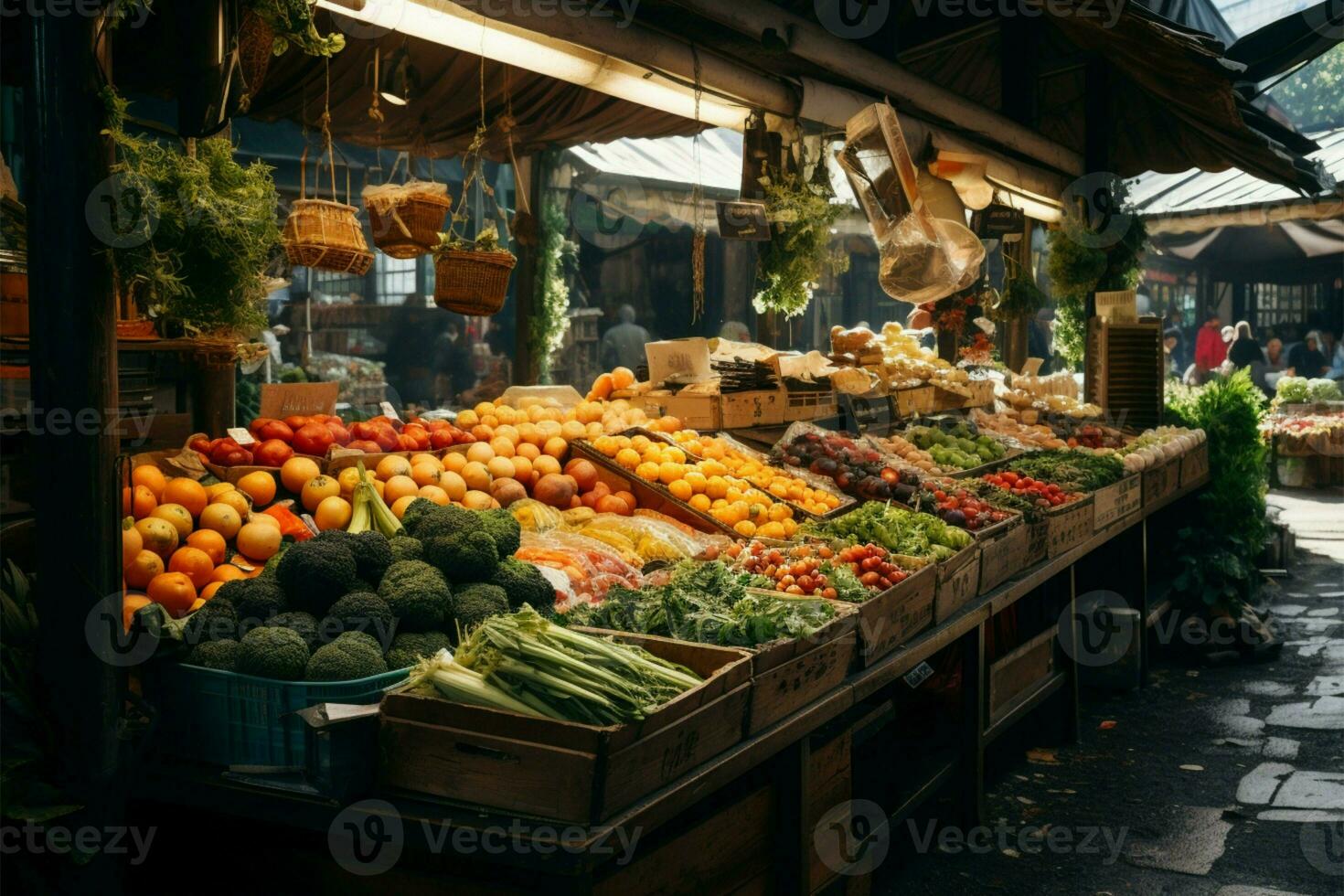 Locale produrre mercato, riparato di un' accogliente tetto, fa cenno gli acquirenti ai generato foto