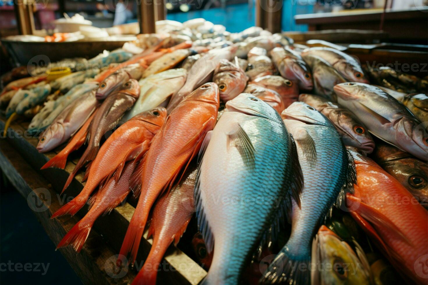 un' vivace frutti di mare mercato vetrine un Vettore di assortito pesce ai generato foto