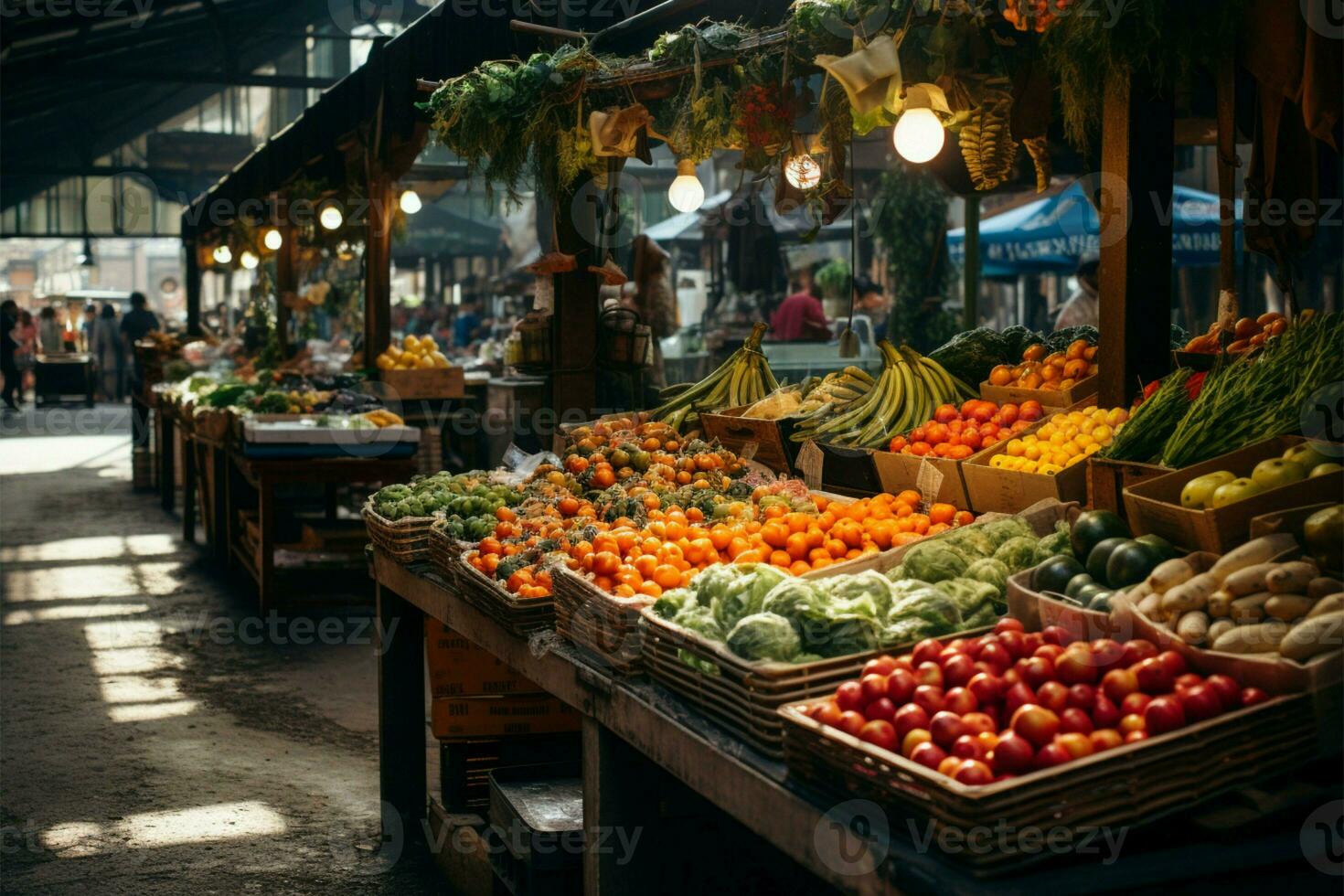 sotto un' tetto, il Locale mercato abbaglia con fresco produrre ai generato foto