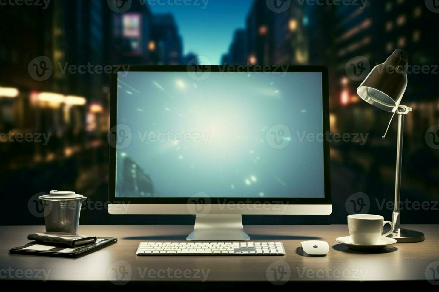 del desktop computer schermo riposo su un' tavolo superficie ai generato foto