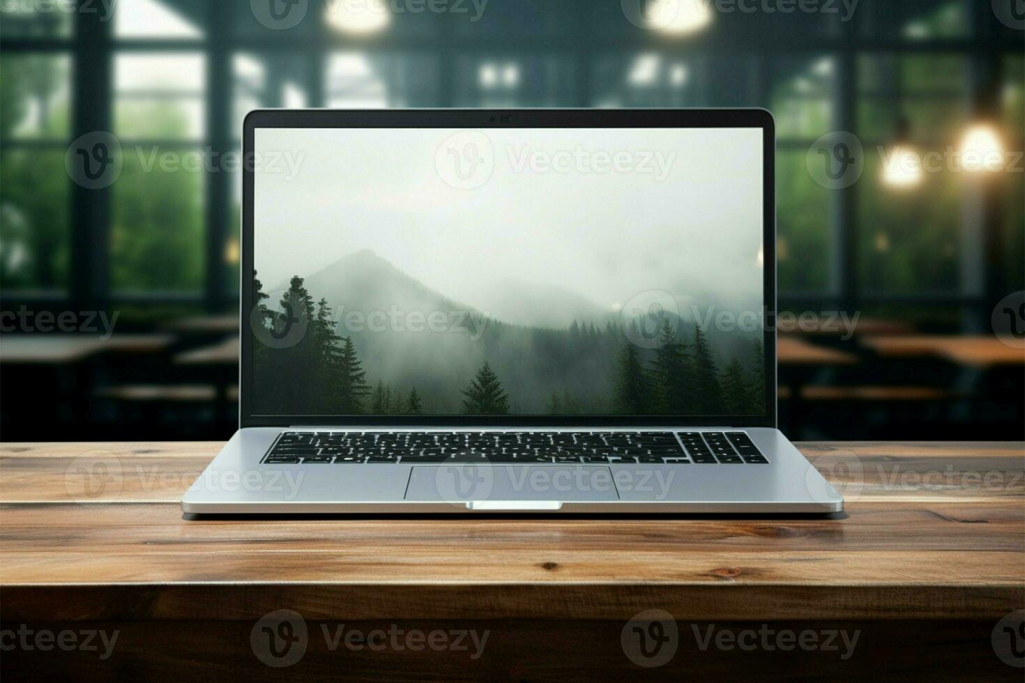 il computer portatile su di legno superficie, schermo vuoto, spazio di lavoro preparato per compiti ai generato foto