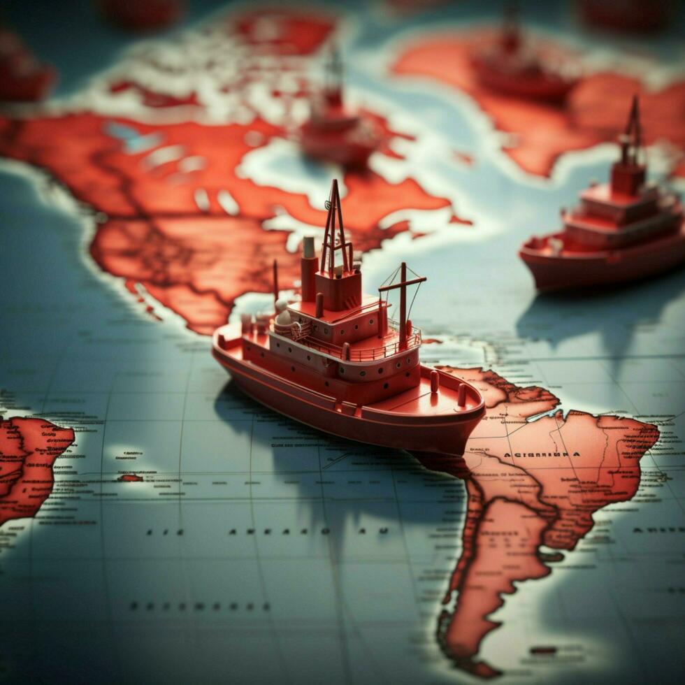 principale il modo rosso barca guide carta flotta su mondo carta geografica, simboleggiante lavoro di squadra per sociale media inviare dimensione ai generato foto