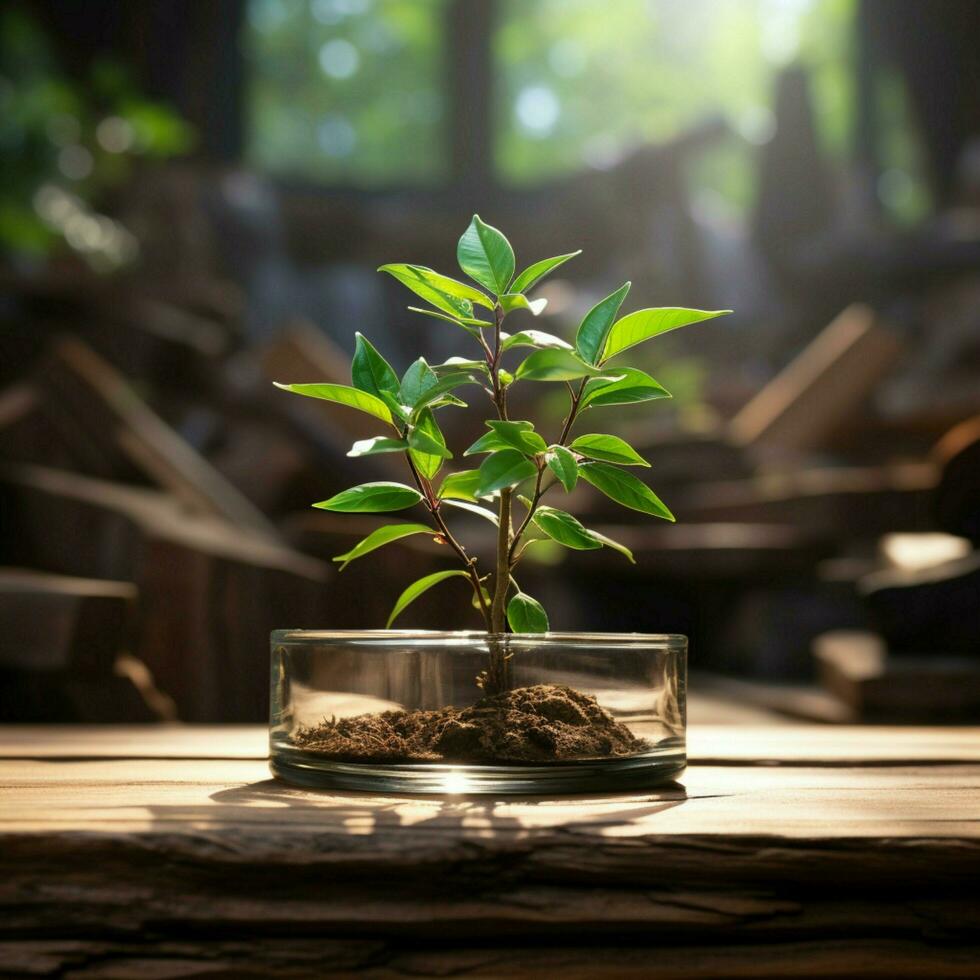 piccolo albero sta con orgoglio su di legno superficie, un' fetta di natura selvaggia in casa per sociale media inviare dimensione ai generato foto