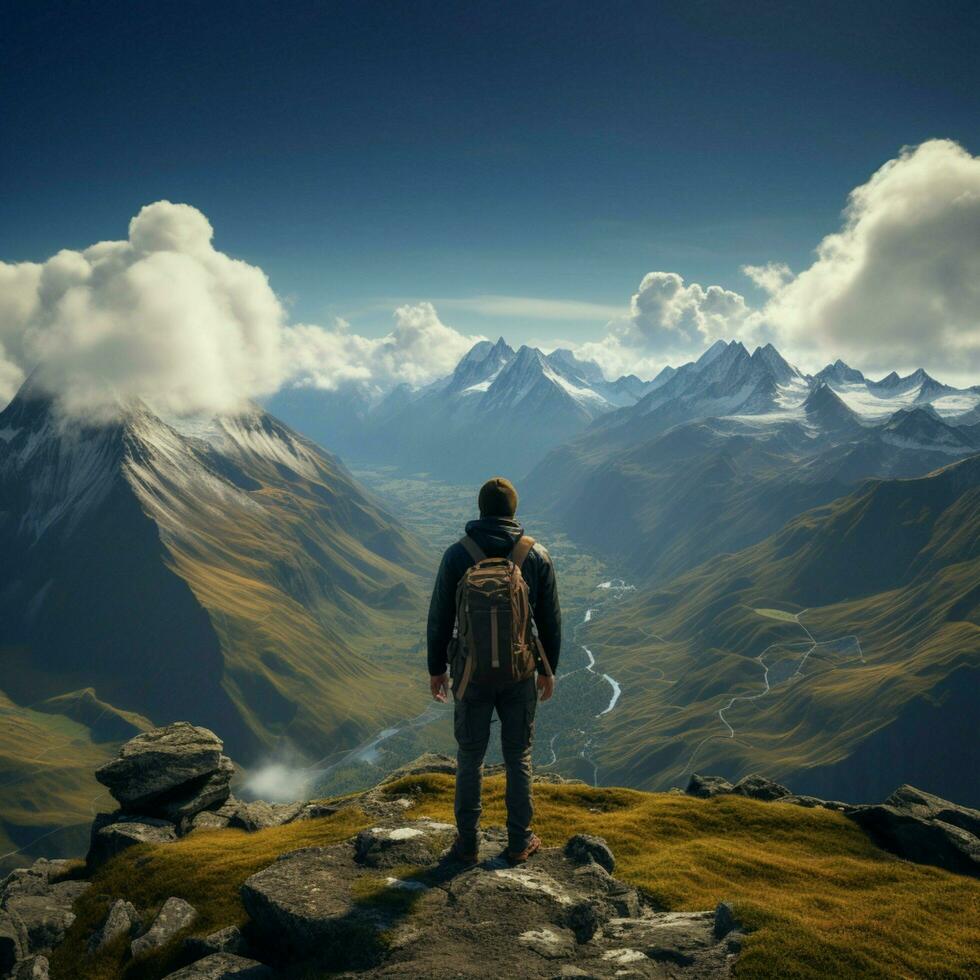 vertice serenità, escursionista su montagna spedizione, apprezzando panoramico Visualizza a partire dal dietro a per sociale media inviare dimensione ai generato foto