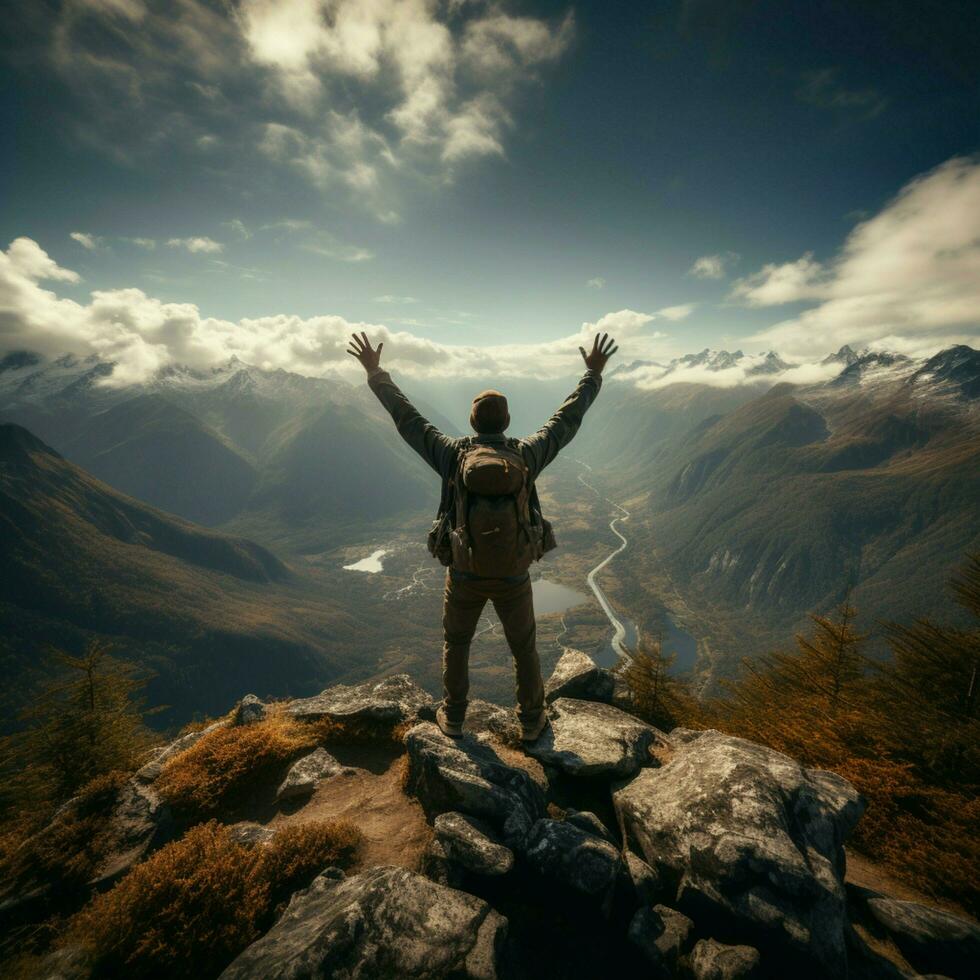 superiore di il mondo, vittorioso escursionista si crogiola nel successo, ammollo su montagna panorama per sociale media inviare dimensione ai generato foto