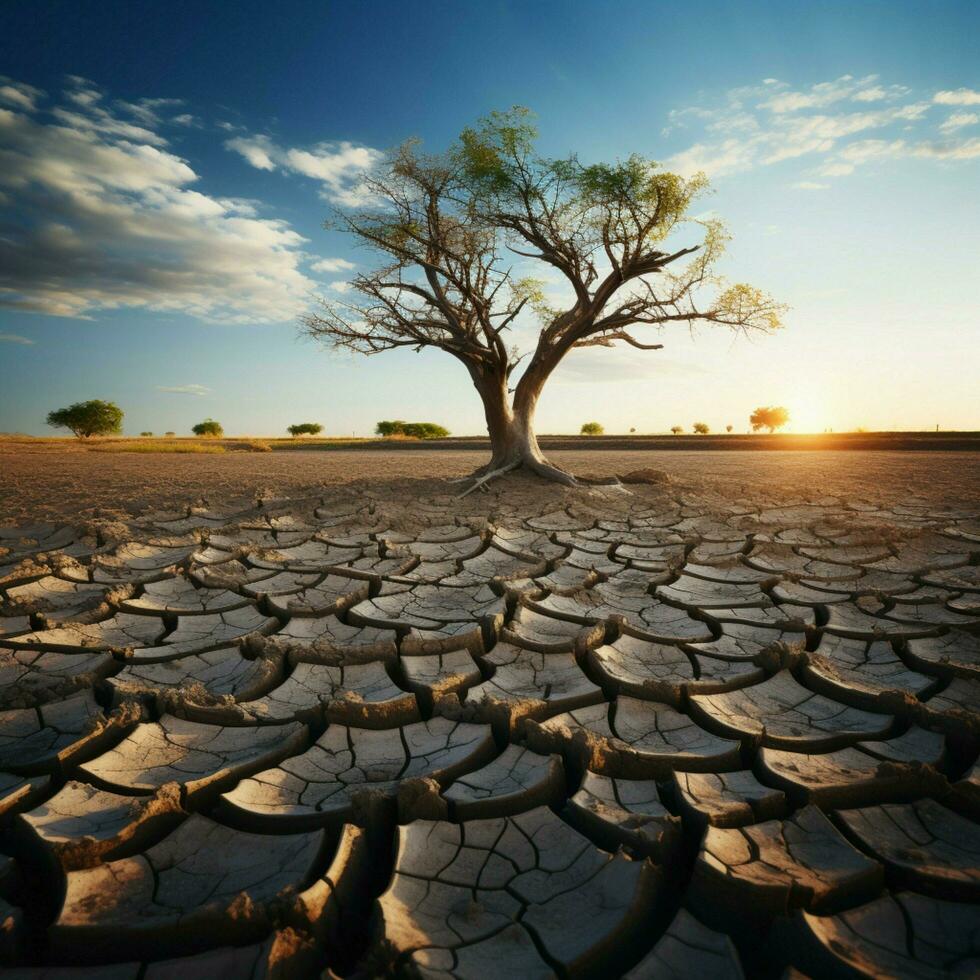 albero sta nel Cracked terra, raffigurante clima crisi, acqua scarsità a partire dal globale riscaldamento per sociale media inviare dimensione ai generato foto