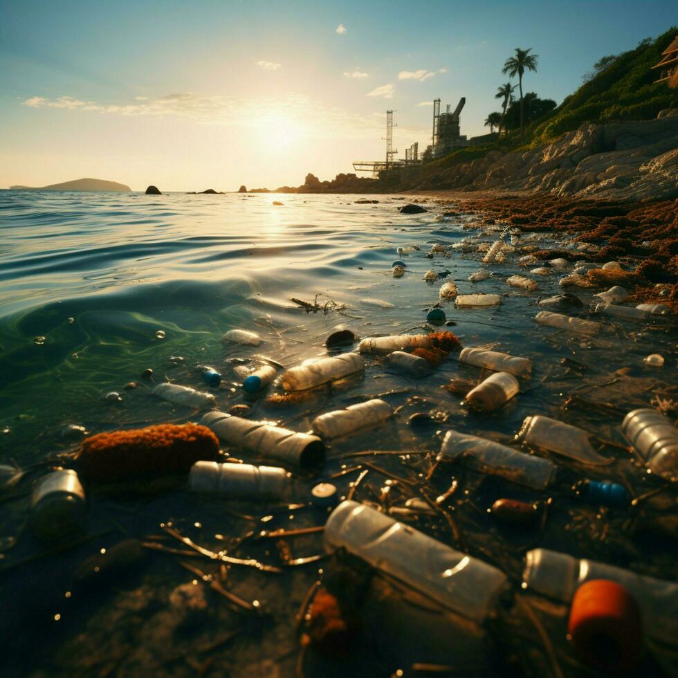 spiaggia inquinamento raffigurato con plastica bottiglie e spazzatura littering il litorale per sociale media inviare dimensione ai generato foto