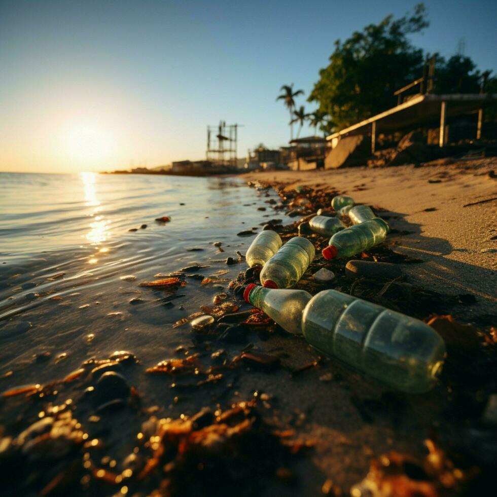 sulla spiaggia rifiuti, Compreso plastica bottiglie, punti salienti dannoso effetti di inquinamento su sponde per sociale media inviare dimensione ai generato foto