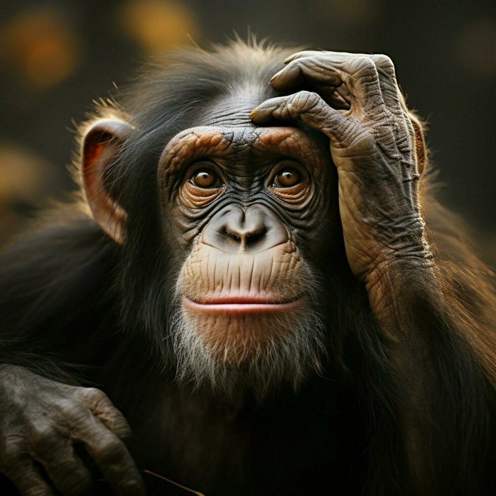 scimpanzé dolente volto suggerimenti a suo sottostante sentimenti di tristezza e abbattimento per sociale media inviare dimensione ai generato foto