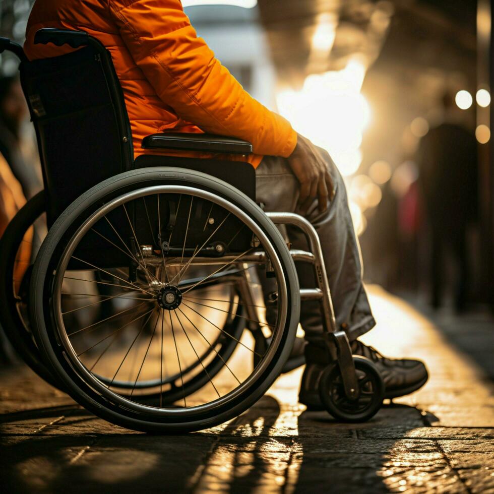 vicino su Visualizza uomo nel sedia a rotelle detiene ruote, raffigurante forza e capacità nonostante handicap per sociale media inviare dimensione ai generato foto