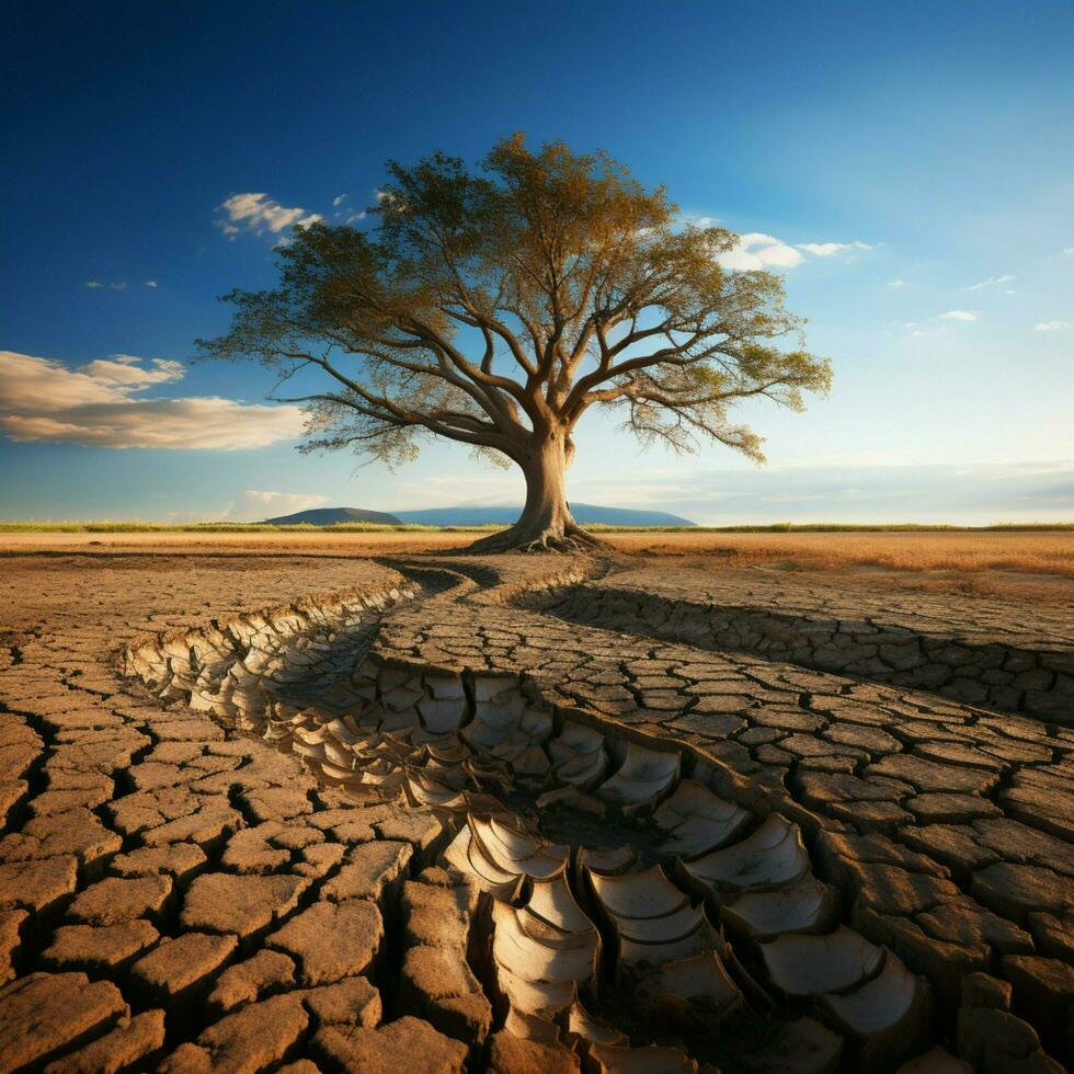 siccità colpito suolo orsi solitario albero, raffigurante clima i cambiamenti acqua carenza urto per sociale media inviare dimensione ai generato foto