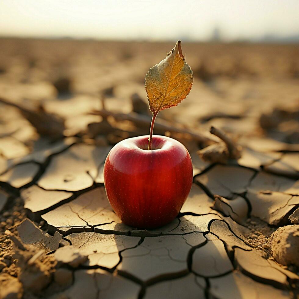 emblematico Mela su asciutto terra illustra cibo insicurezza, acqua carenza, agricolo crisi per sociale media inviare dimensione ai generato foto