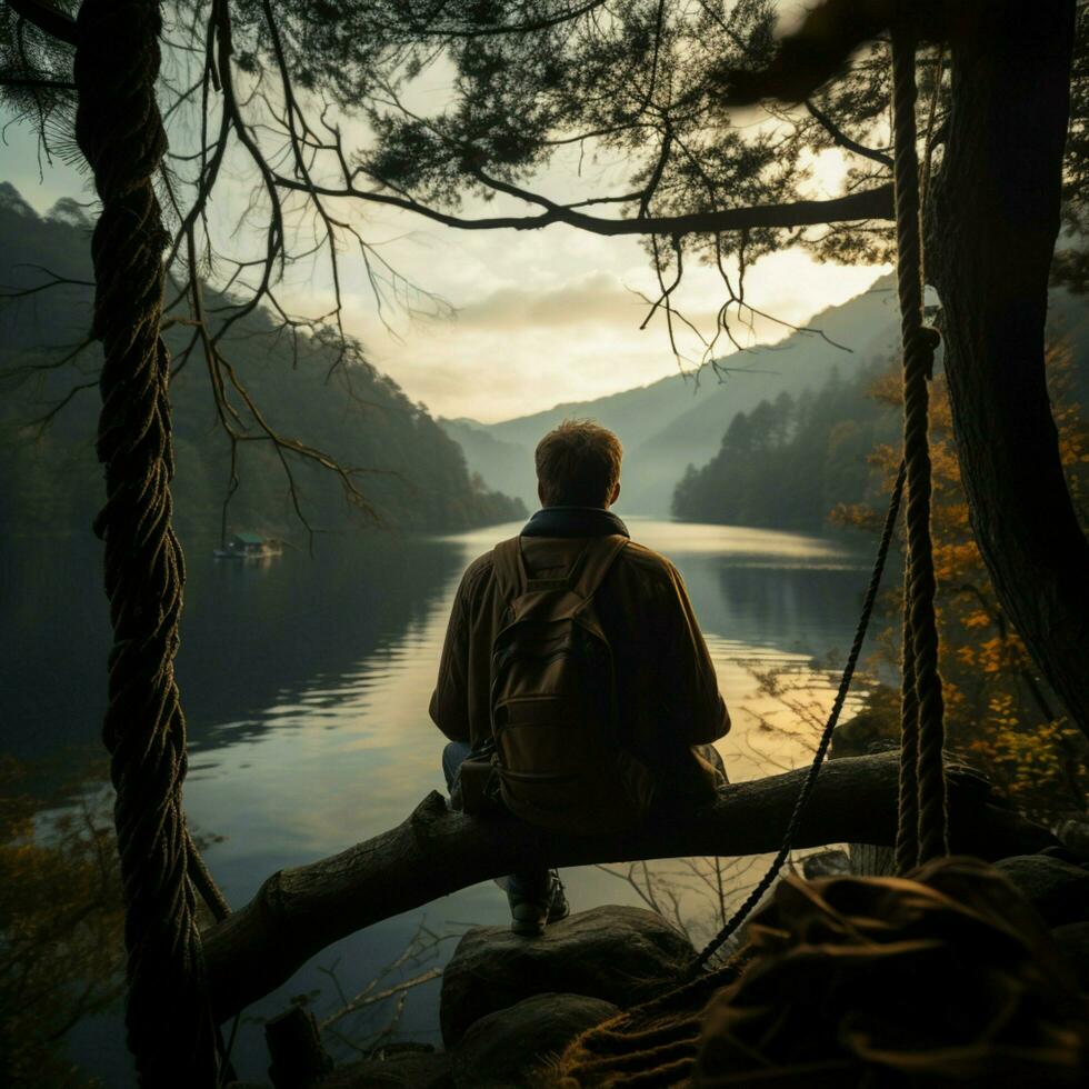 Abbracciare una persona norvegese le mattine calma, uomo su amaca ammira lago Visualizza fra pini per sociale media inviare dimensione ai generato foto
