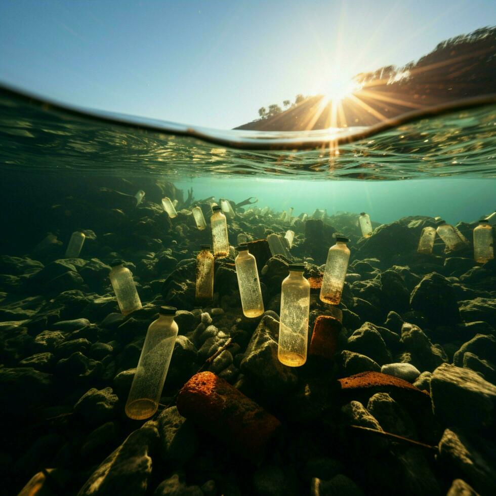 ambientale degradazione oceano assediato di plastica bottiglia inquinamento, sottolineando ecologico urto per sociale media inviare dimensione ai generato foto