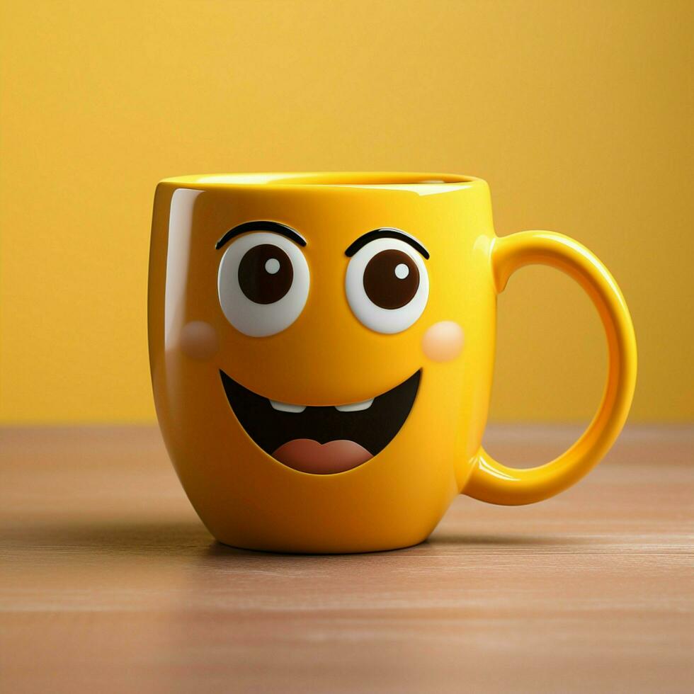 adorabile caffè tazza personaggio su giallo sfondo, sportivo un' sorriso copia amichevole atmosfera per sociale media inviare dimensione ai generato foto