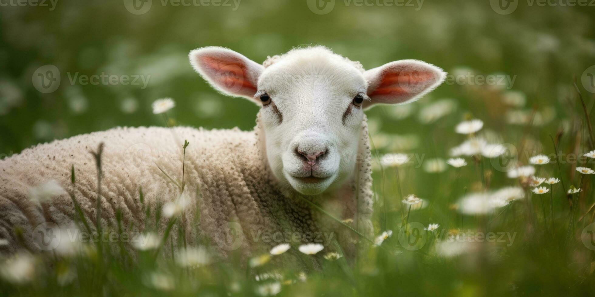 carino contento agnello su il campo, pecore. generativo ai foto