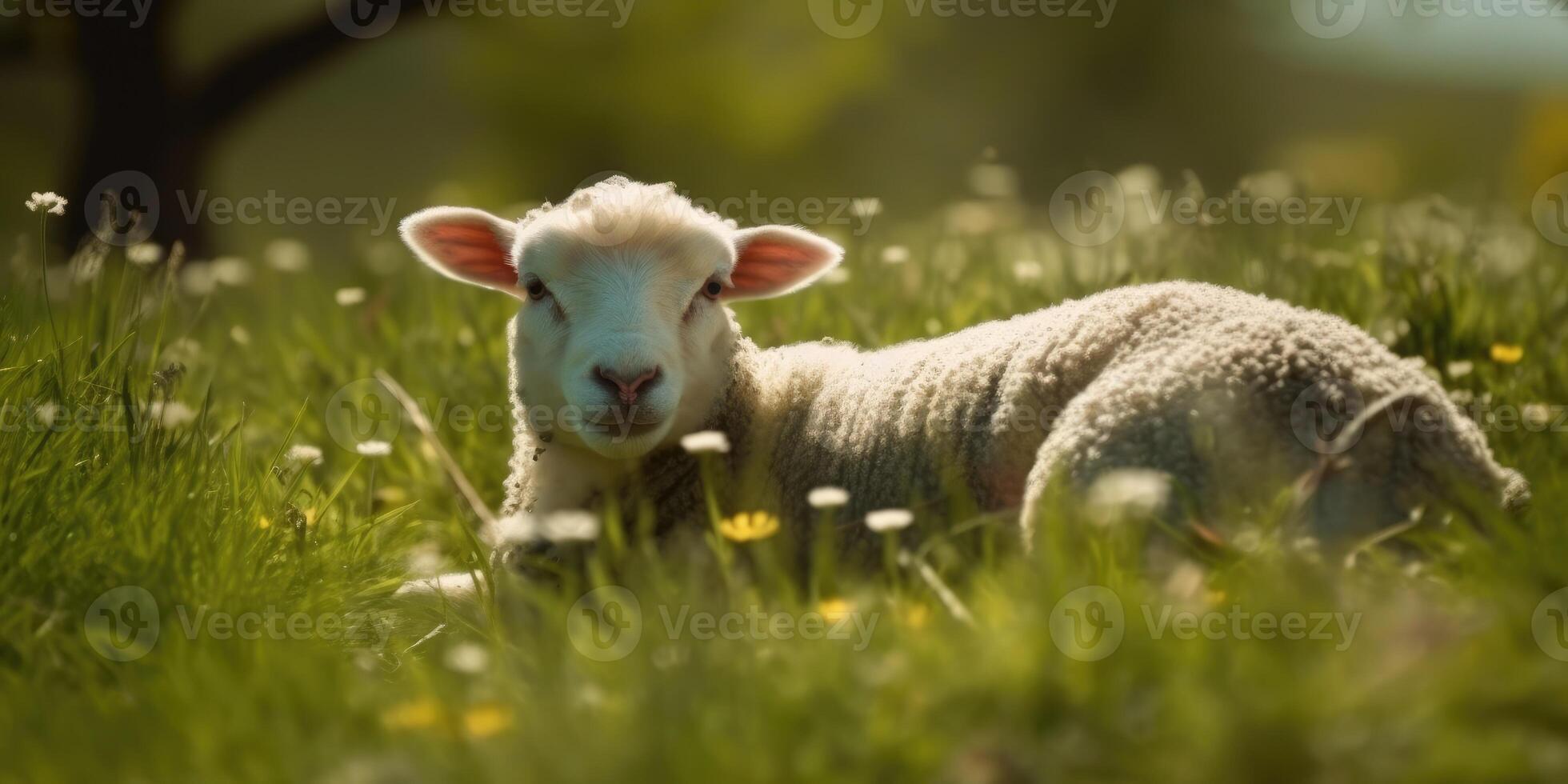 carino contento agnello su il campo, pecore. generativo ai foto