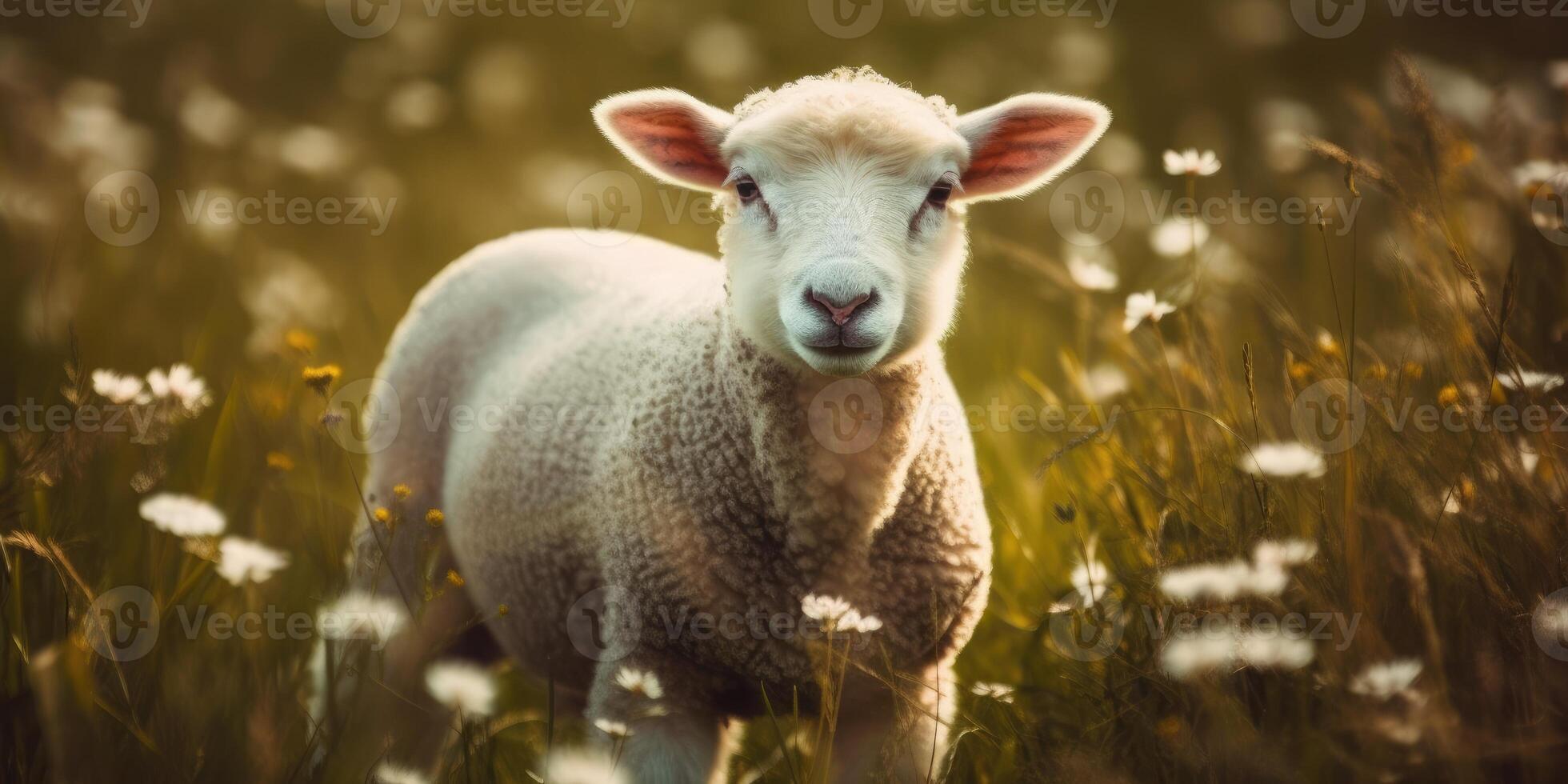 carino contento agnello su il campo, pecore. generativo ai foto