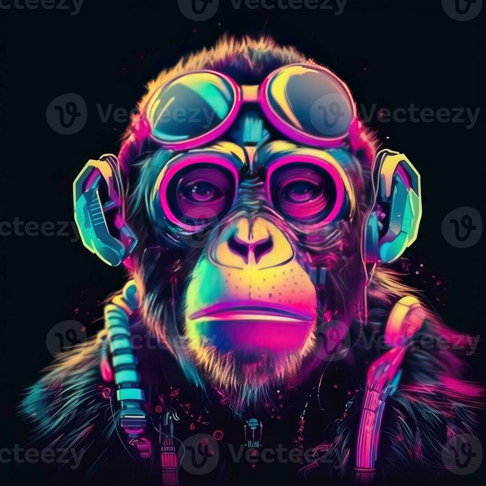 neon scimmia nel cuffie su un' nero sfondo. generativo ai foto