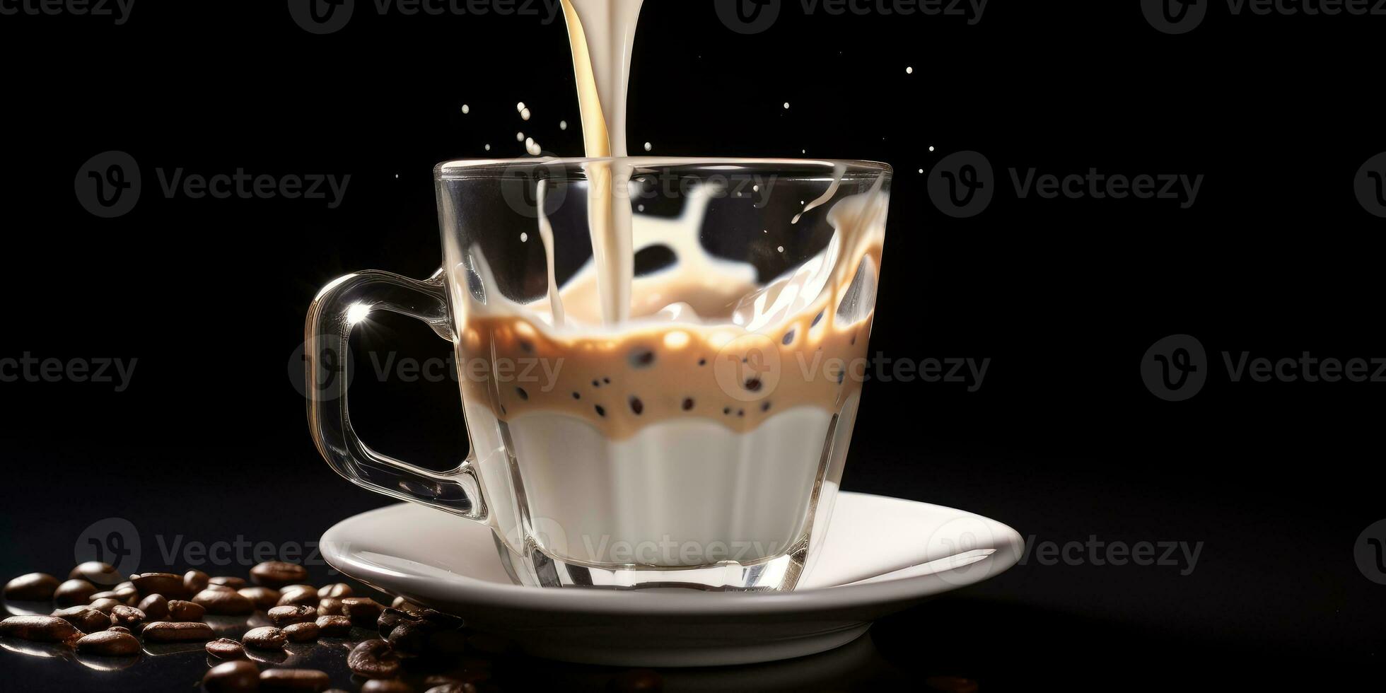 tazza di caffè con latte su il tavolo avvicinamento. spruzzi di caffè e latte. generativo ai foto