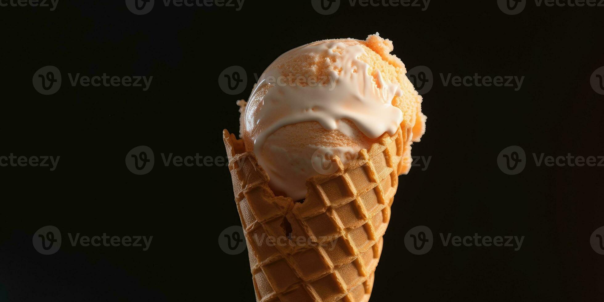 delizioso, appetitoso ghiaccio crema nel un' cono, avvicinamento. generativo ai foto