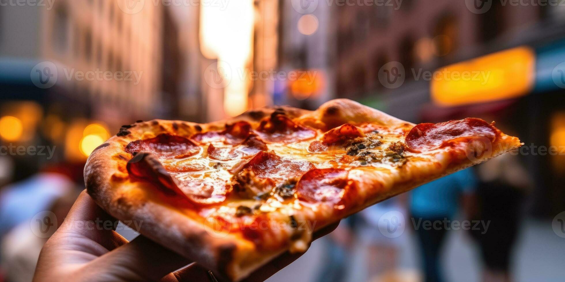 un' pezzo di Pizza avvicinamento nel il mano su il sfondo di il città. generativo ai foto