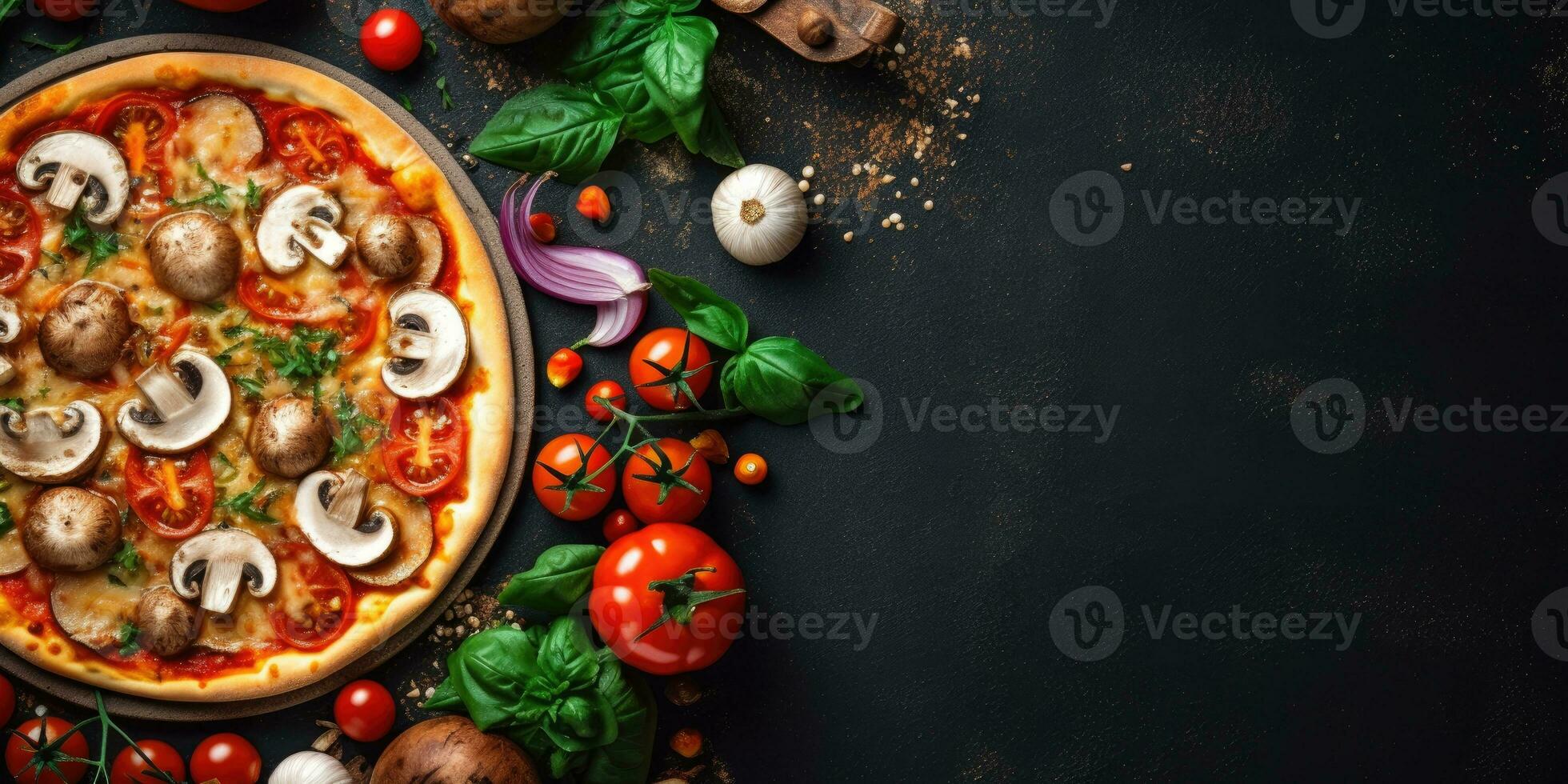 gustoso italiano Pizza avvicinamento. Visualizza a partire dal sopra. posto per testo. generativo ai foto