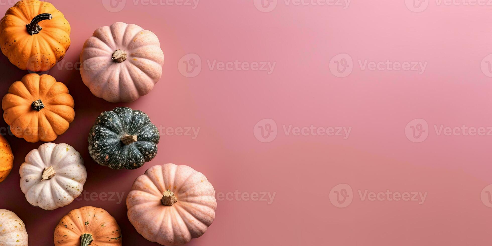 molti diverso zucche su un' pastello sfondo per il vacanza Halloween giorno. posto per testo. generativo ai foto